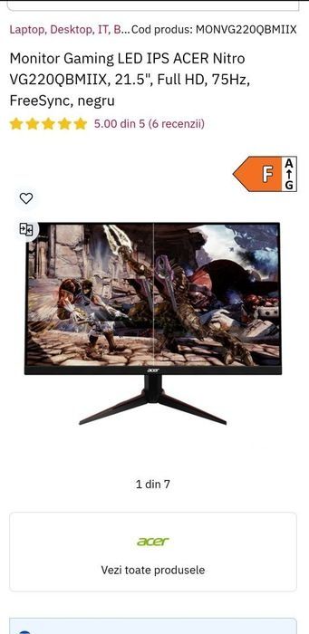 Vând monitor gaming Acer Nitro LED IPS FreeSync 75 Hz