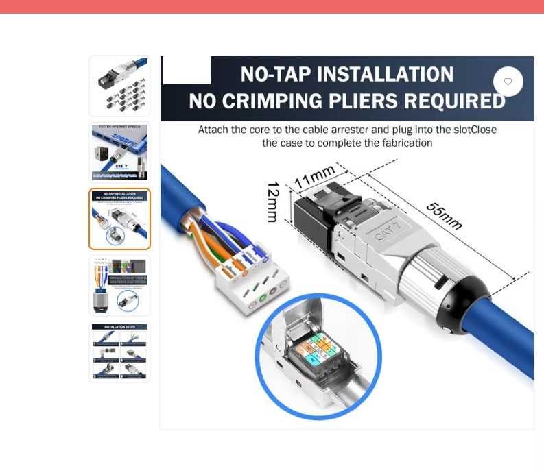 Conectori CAT7 RJ45 fără scule pachet 12 buc complet ecranat STP 10Gbps pentru cabluri LAN rigide – argintiu