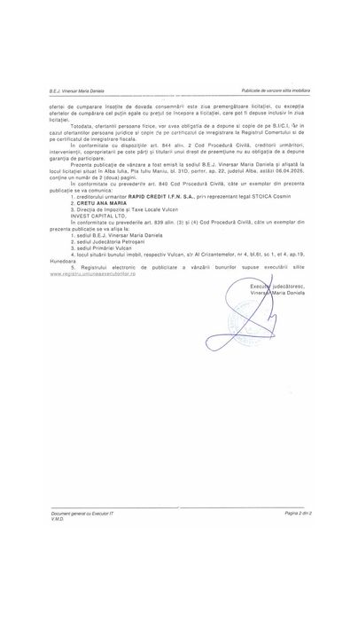 Apartament 2 camere de vanzare Vulcan, jud. Hunedoara -LICITATIE