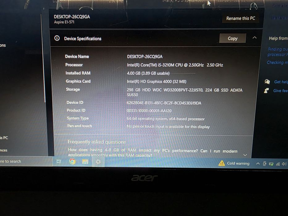 Vând laptop acer aspire e1-571