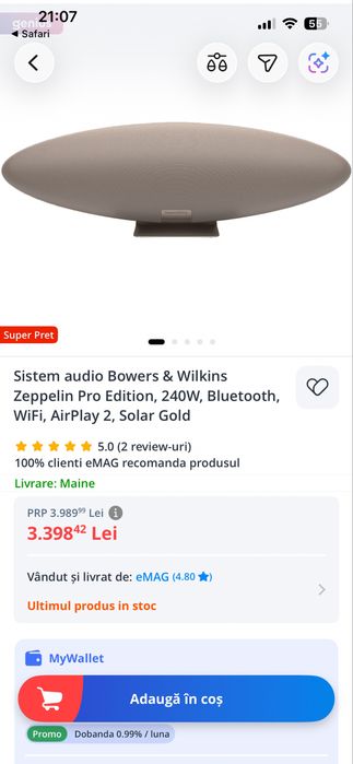 Boxa Bowers& Wilkins Zeppelin Pro Edition, Solar Gold.
