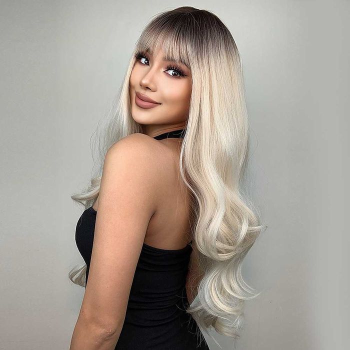 70 см Чуплива руса омбре перука с тъмни корени и бретон