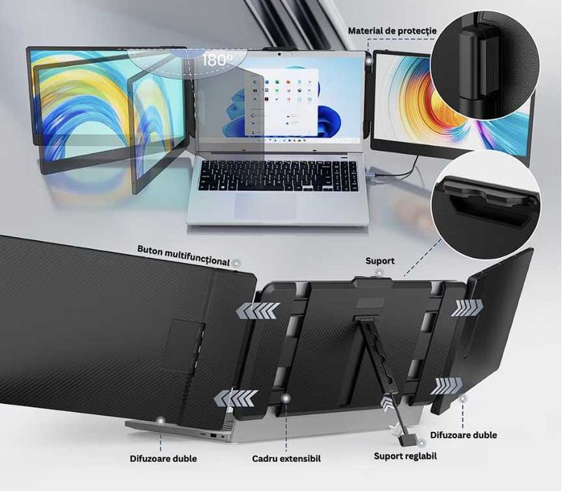 Монитор за лаптоп, троен, 13"-17", с 14-инчов, Full HD 1080P IPS, 60Hz, контраст 1000:1,Windows/MacOS/Linux/Android, Plug & Play, USB-C, калъф