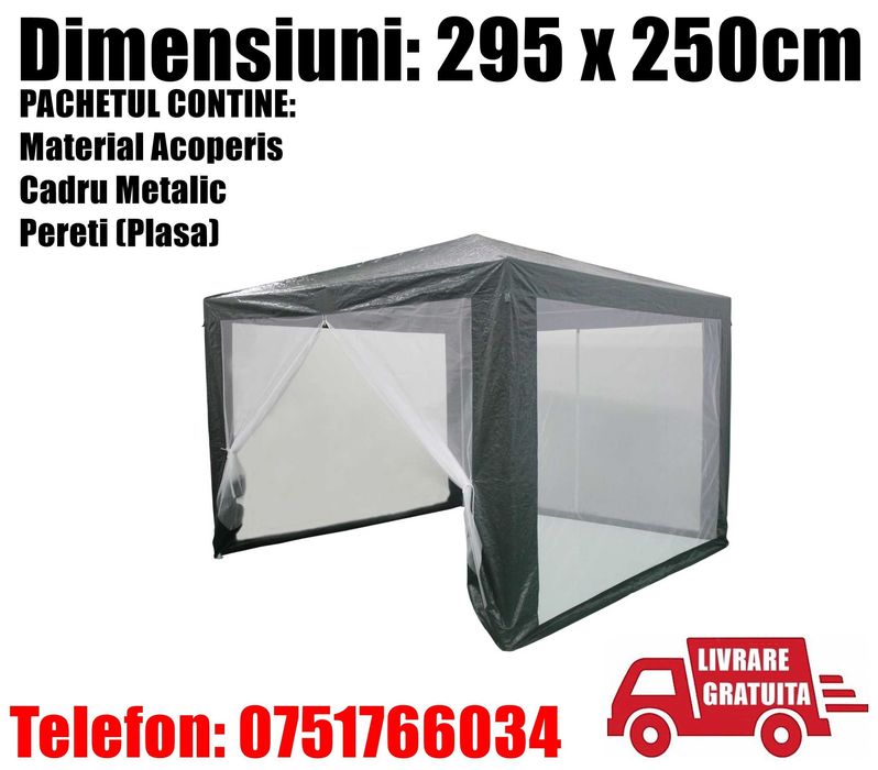Pavilion Cort Foisor Patrat 3x3m Cadru Plasa Antitantari LivratGRATUIT