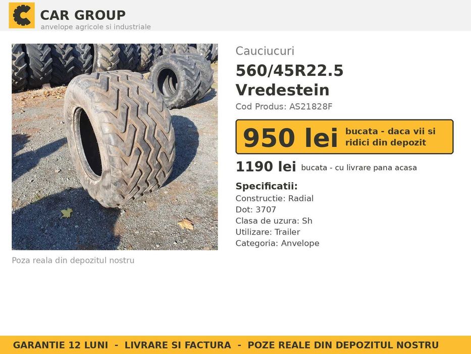 Cauciucuri Anvelope 560/45R22.5 560/45 R22.5 560/45-22.5 560 45 22.5 56045225 Vredestein Remorca Implement Flotatie SH Second Hand PRET BUN Oferta