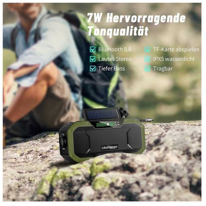 NOU Radio Portabil cu Lanterna, Solar, USB, IPX6, 4000mAh