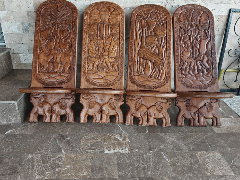 Set african vintage Palaver– 4 scaune + masă – sculptura artizanala excepțională.