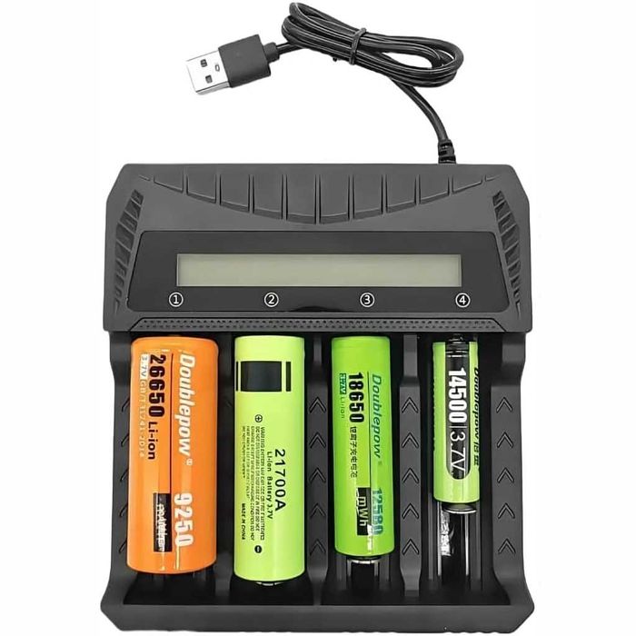 Incarcator Universal 18650 4 Sloturi LCD – Li-ion Ni-MH AA AAA 26650 21700 USB-C