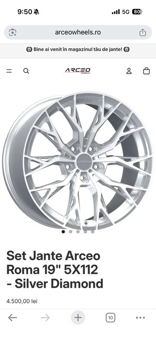 Jante Audi R19 5x112 , 9.5 J, ET 37 concave, silver+diamond Mercedes Vw Skoda