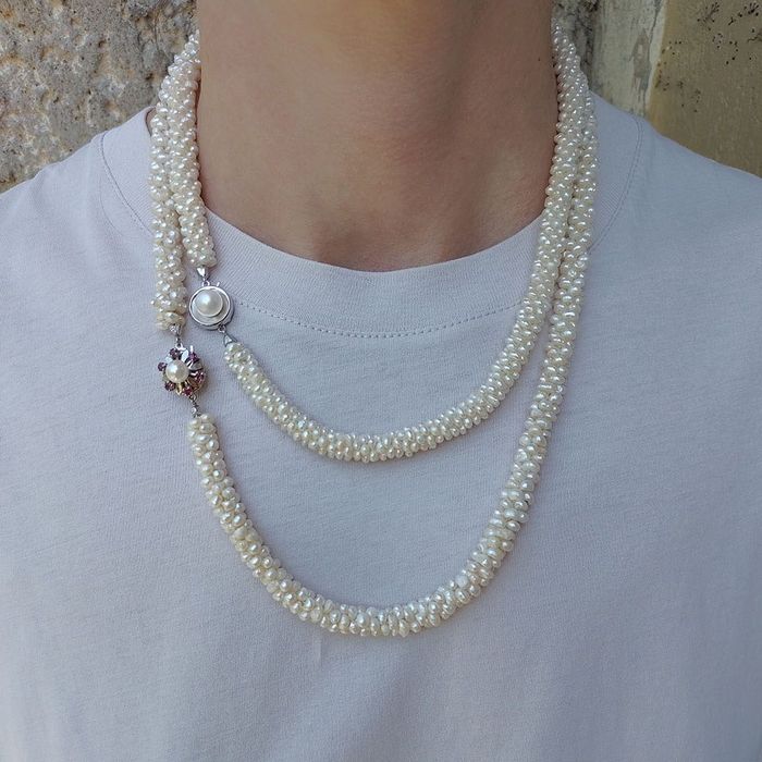 colier vintage perle, aur alb 14k, rubine, certif.