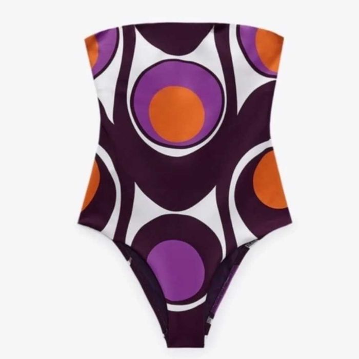Zara costum de baie intreg 1 piece mov portocaliu alb sexy top talie inalta