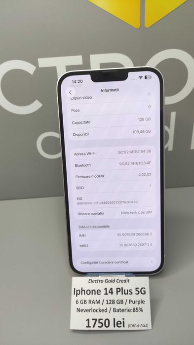 Iphone 14 Plus 128GB Purple/Neverlocked/Baterie:85% ID614-AG2