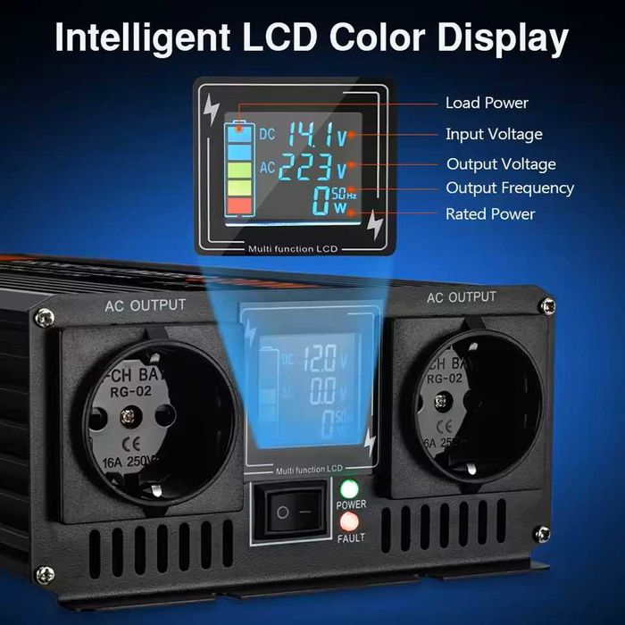 Invertor auto Moexiac  2000W, varf 4000W  12V sau 24V, unda pura, LCD