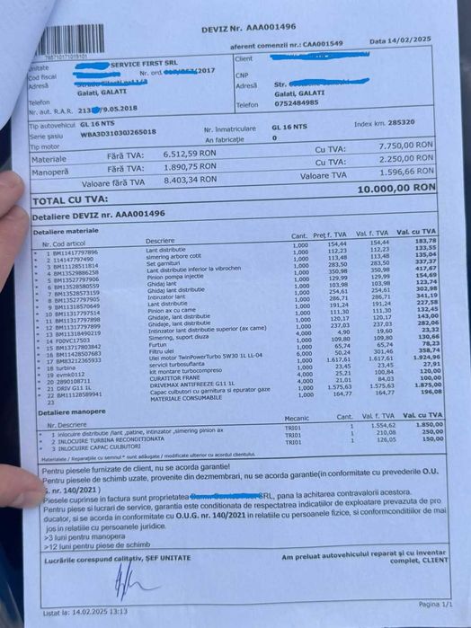 BMW F30 320d 184 CP Automată | Distribuție schimbată | Investiții | Facturi | Navi Mare