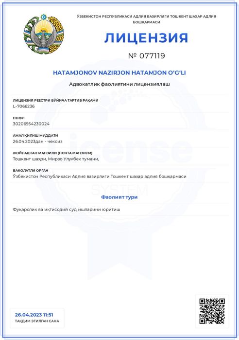 ADVOKAT  fuqarolik iqtisodiy jinoiy ma’muriy yo’nalishlarda Mediator