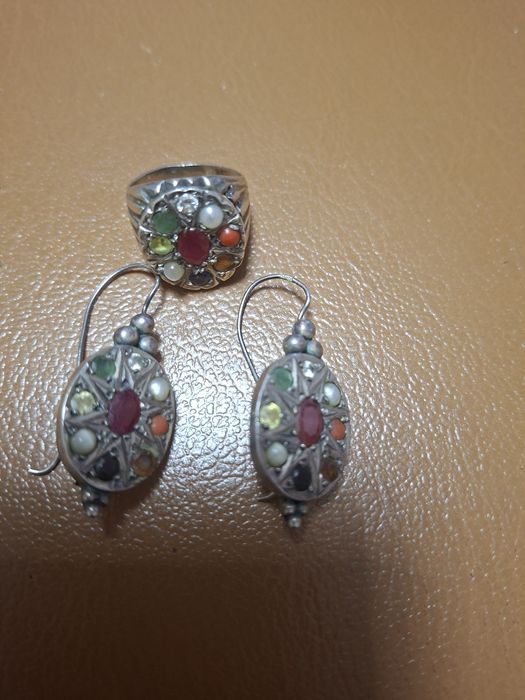 Set vintage argint 925,inel si cercei cu pietre multicolore si perle