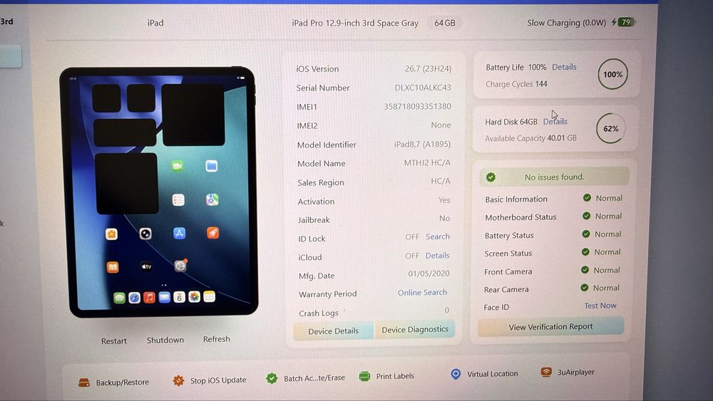 Tableta ipad pro 12.9 " gen 3 wifi+cellular 64gb 100% baterie 2020