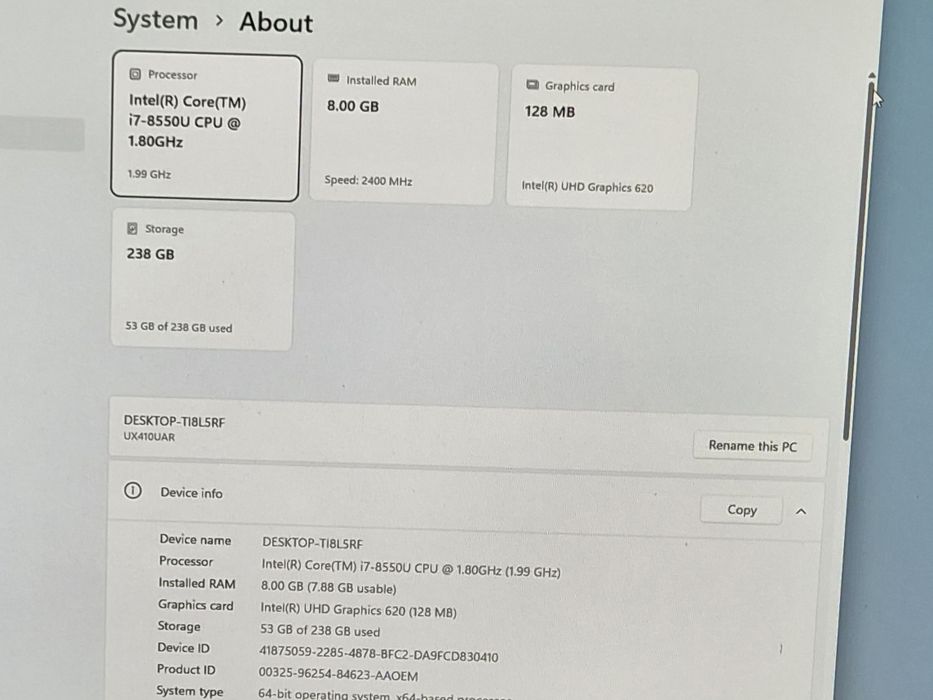 vand laptop Asus Notebook UX410.Slim.14"FH.i7 8550 Quad Core.8 Gb.Ssd 256 Gb