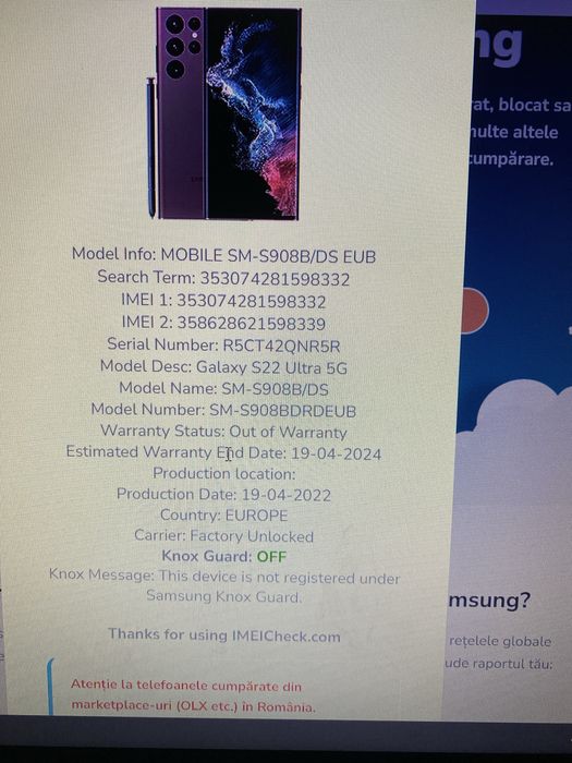 Telefon Samsung S22 Ultra pentru piese