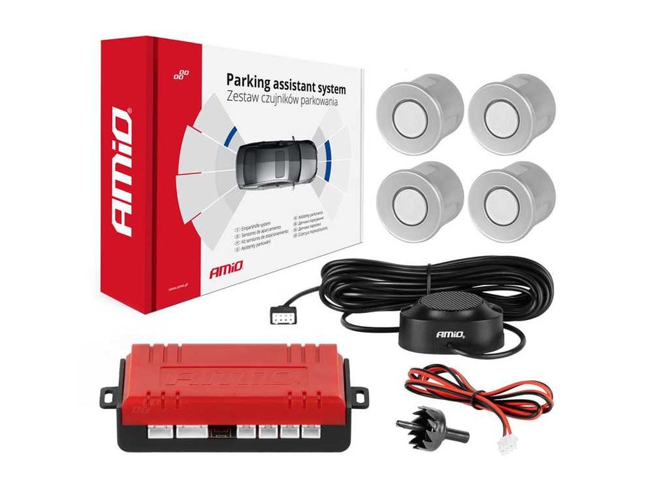 Парктроник с 4 паркинг сензора + пищялка / БЕЛИ / AMIO