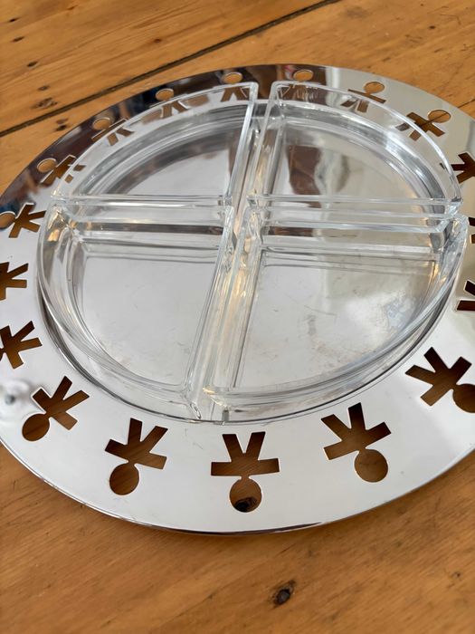 Alessi Italia tava de servire din inox cu 4 recipiente din cristal pentru aperitive model rar