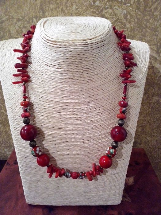 colier pietre naturale,coral,perle cloisonnee