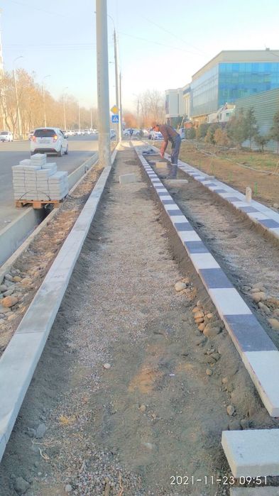 Благоустройство, Тратуар, Асфальт, Бардюр, Лоток, Газон, Полив.