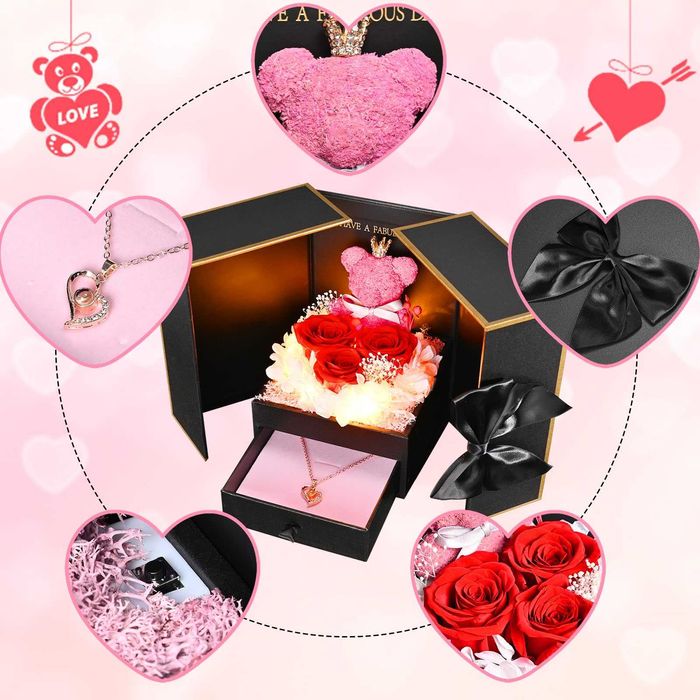 Златно колие с камъни Обичам те в луксозна кутия с рози Подарък 3 вида