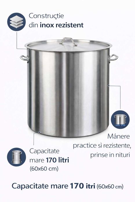 Oala inox profesionala 170L 60x60 cm pentru horeca catering