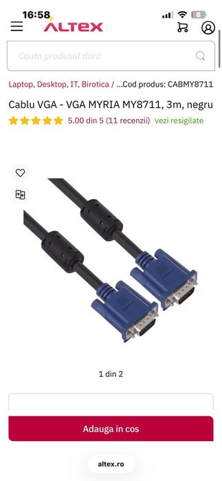 Cablu VGA 3m (3 metri) MYRIA, utilizat O SINGURA DATA