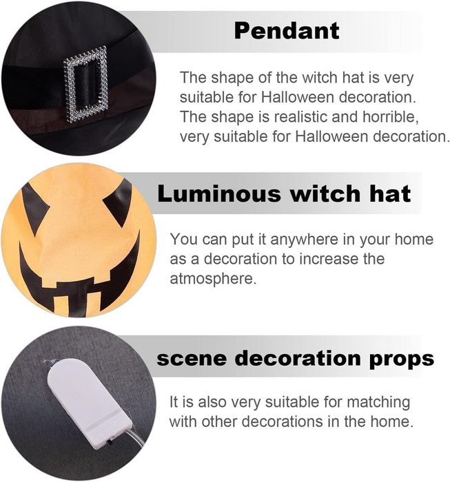 Set 7 Decoratiuni Halloween Fantome cu Palarie de Vrajitoare si LED
