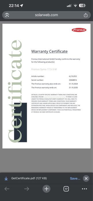 Fronius Symo 17.5-3-M + Smart Meter TS 65A-3
