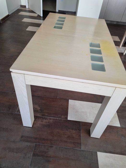 Разтегателна трапезна маса МДФ+стъкло 80/140(180)/75, цвят парен бук