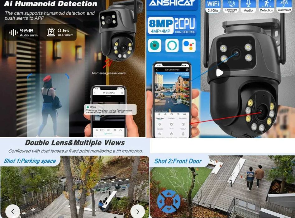 Camere IP, 8MP 12MP, UHD, cu 2 sau 3 lentile, cu card sau panou solar