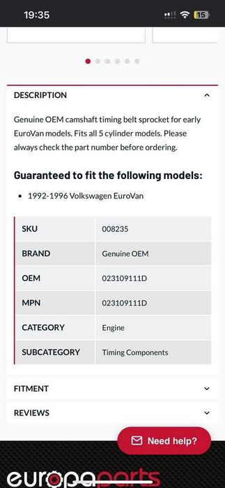 Зъбно колело на ангренажния ремък на разпределителния вал за VW - 023 109 111D