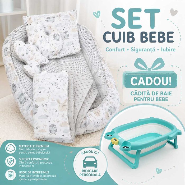 Set de 5 piese Cosulet bebe, Medi Partners, Model Poiana cu animale  100x60x15cm, Gri/Bej + CADITA baie GRATIS