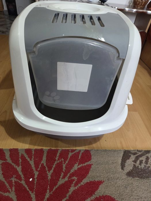 Litiera cu acoperis si filtru carbon  Nobby Nestor Jumbo  Gri/Alb, 66,5x48,5x46,5 cm
