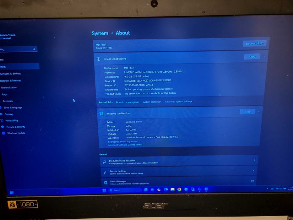 Laptop Gaming Acer VN7-793G 4GB Placa video