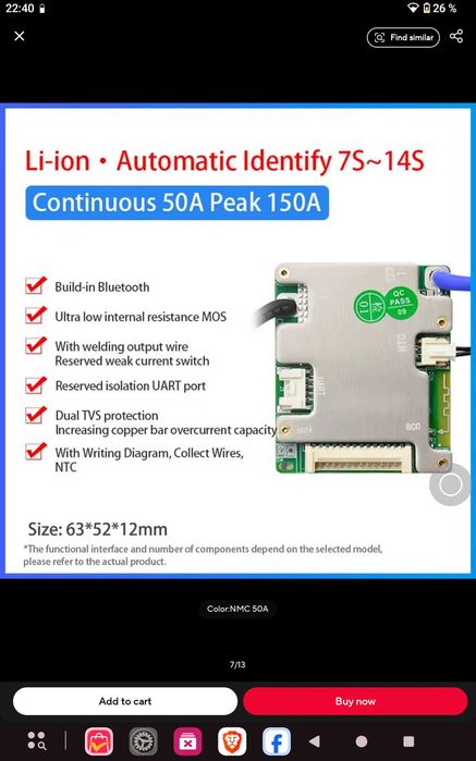 BMS 7-14S JBD,balansare pasiva,bleutooth,50A(150A peak power)NOU
