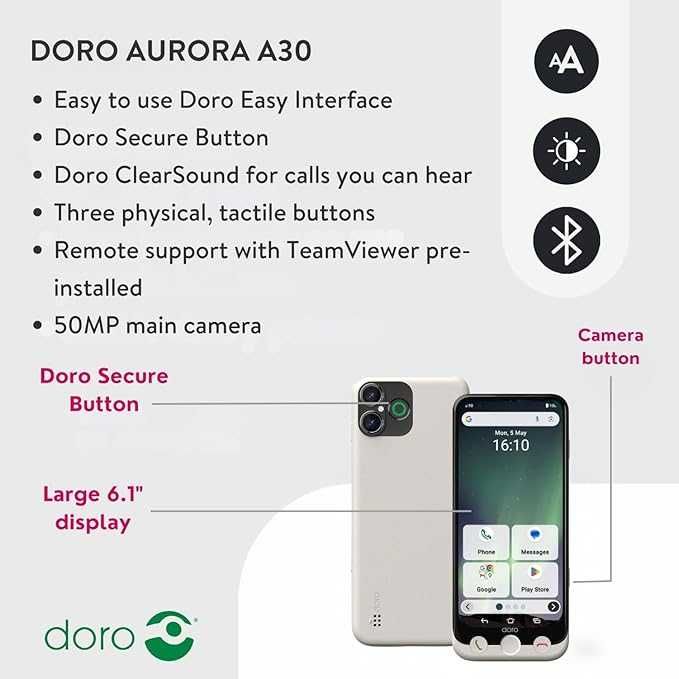 Doro - Aurora A30 смартфон - мобилен телефон за възрастни хора