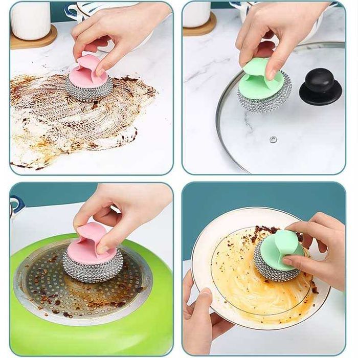 Метална гъба за почистване със сменяема дръжка, комплект от 4 броя