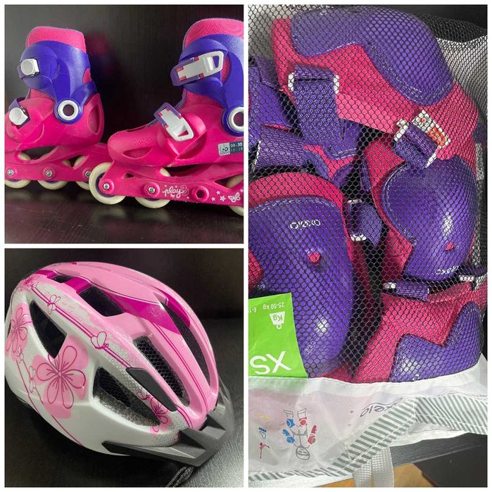 Set echipament role fetițe (Cască Lidl 49-54cm + Protecții Oxelo XS + Role 28-30)