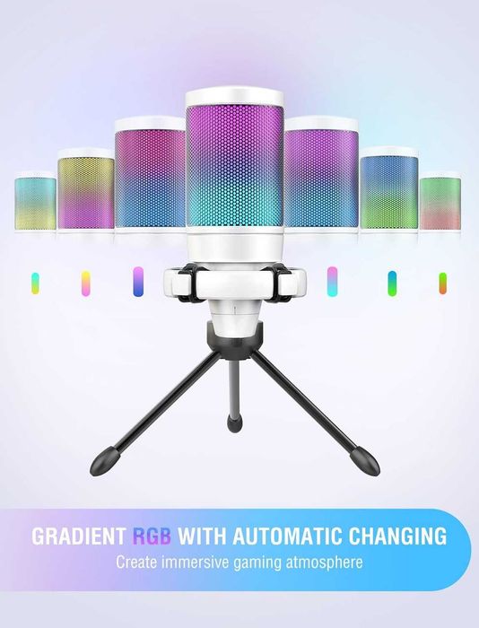 Mикрофон FIFINE A2 с RGB подсветка + стойка, USB Type-C, Бял