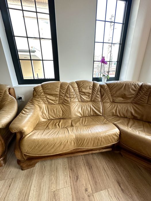 Кожен ъглов диван + фотьойл | Внос от Германия