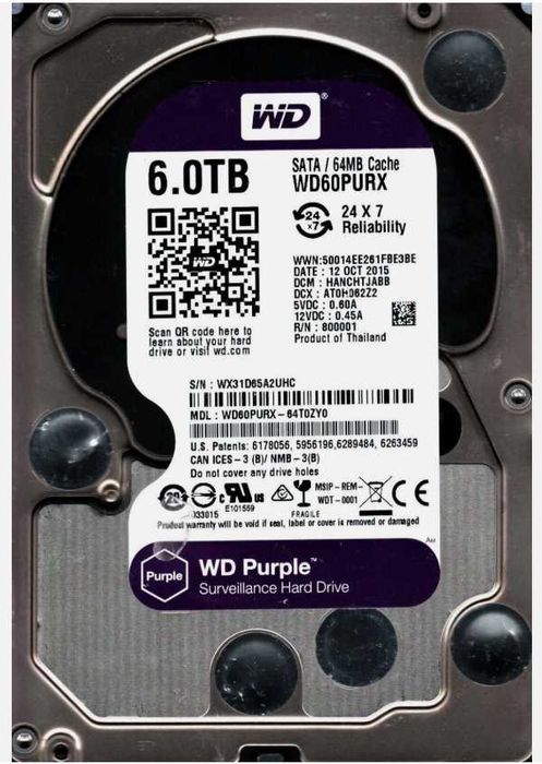 HDD 6Tb Western Digital WD60PURX Sata III 6 Гбит/c, 3.5", 5400rpm/