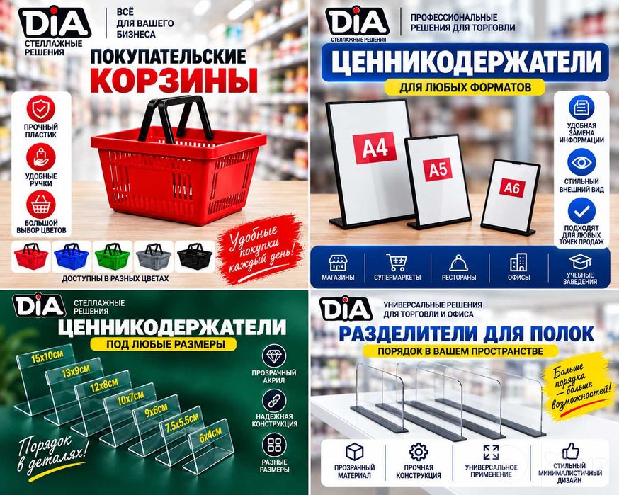 Aksessuarlar — do‘kon uchun. Narx ko‘rsatkichlari, ramkalar, savatlar