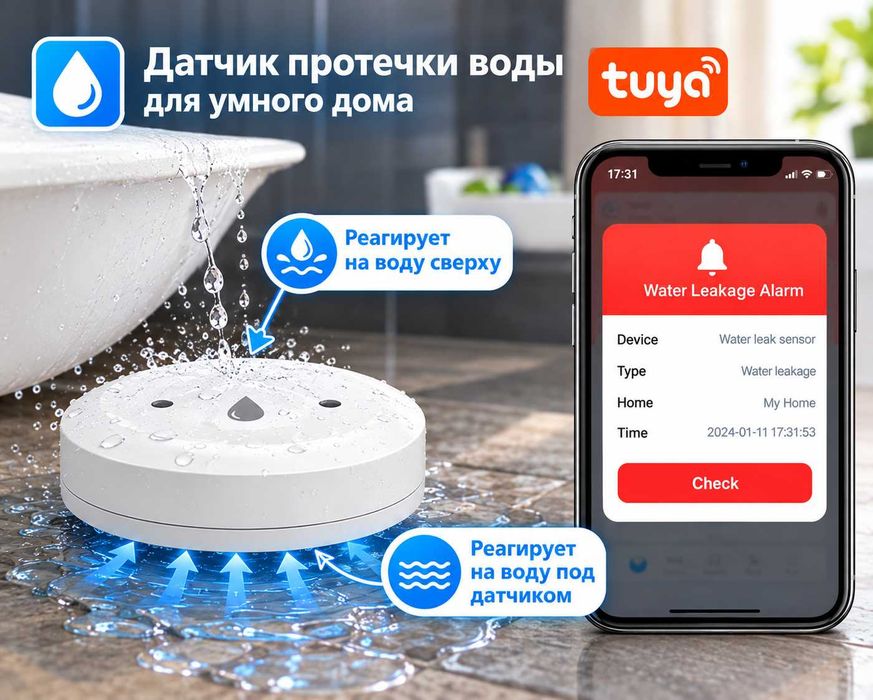 Беспроводной датчик протечки воды Tuya / Алиса — Zigbee и Wi-Fi