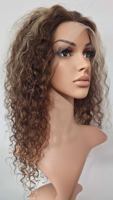 Естествена афро къдрава перука - кафява с руси кичури / 13x4 Lace