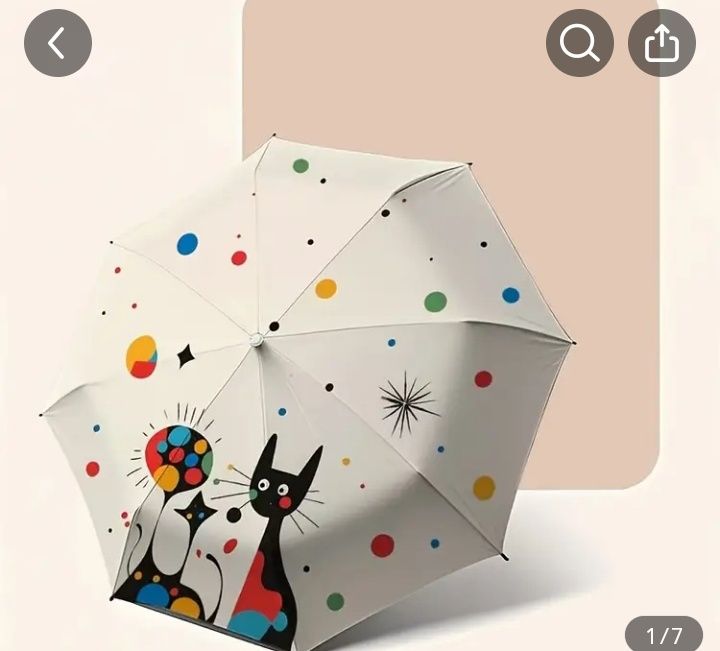 Цветeн  чадър с точки и черно коте -Модерен автоматичен и компактен ча