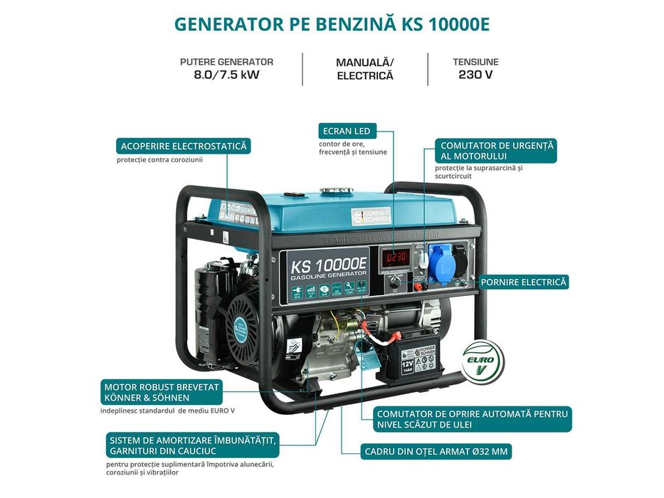 Generator de curent pe benzina monofazat 230V 8,0 kW Konner KS 10000E